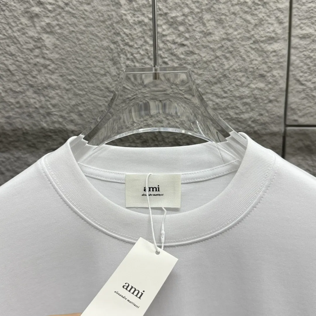 🅿️180 Ami* 2025 Spring and Summer New Style Embroidered yellow little love Customized double yarn plain cotton fabric Short-sleeved T-shirt Uniform for men and women Color: Black White Floral Gray Angora Red Size: S (90-130 catties) M (120-150 catties) L (140-165 catties) XL (160-180 catties) XXL (180-210 pounds)