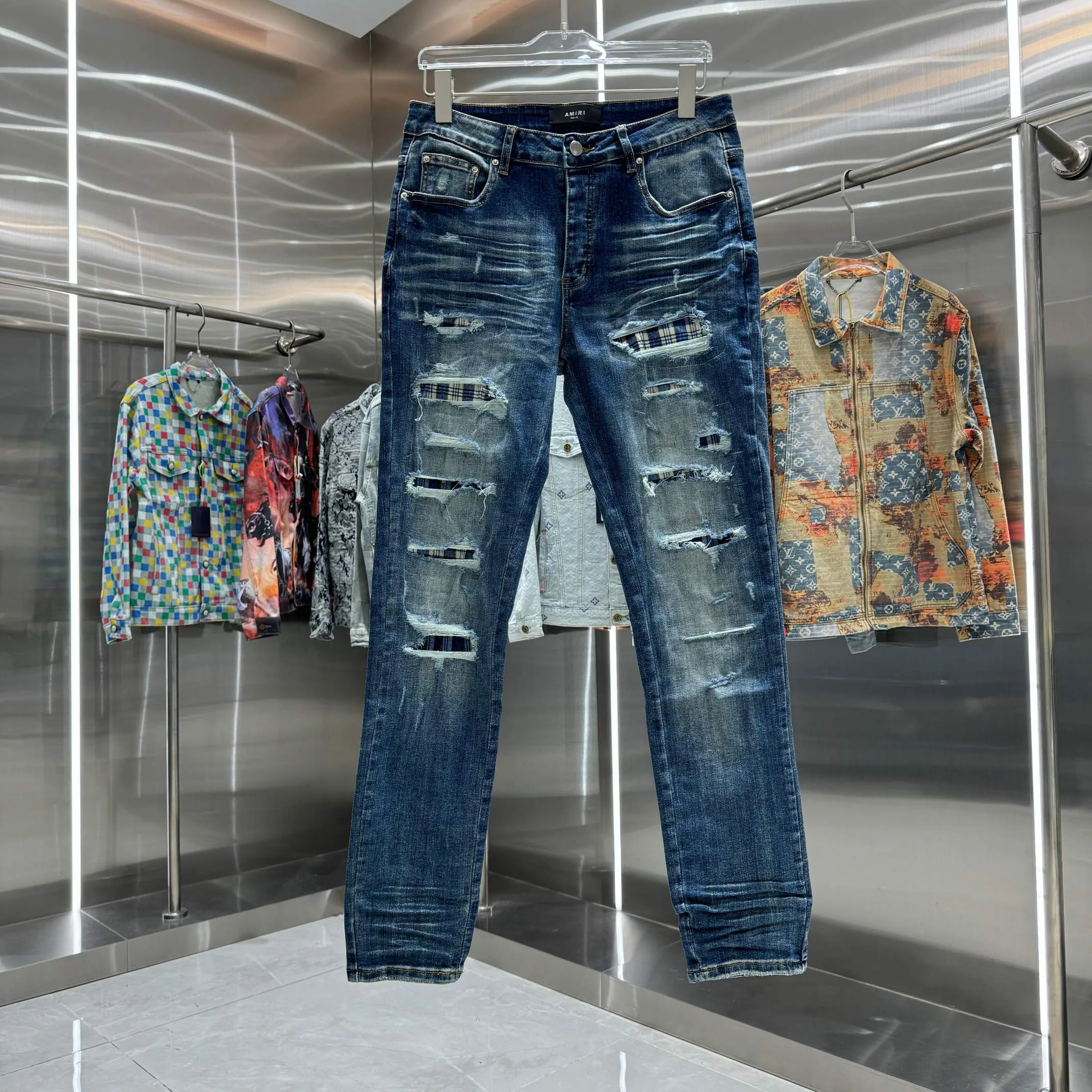 P280 Amiri ripped street fashion slim fit stretch jeans color blue size 30 32 34 36 38