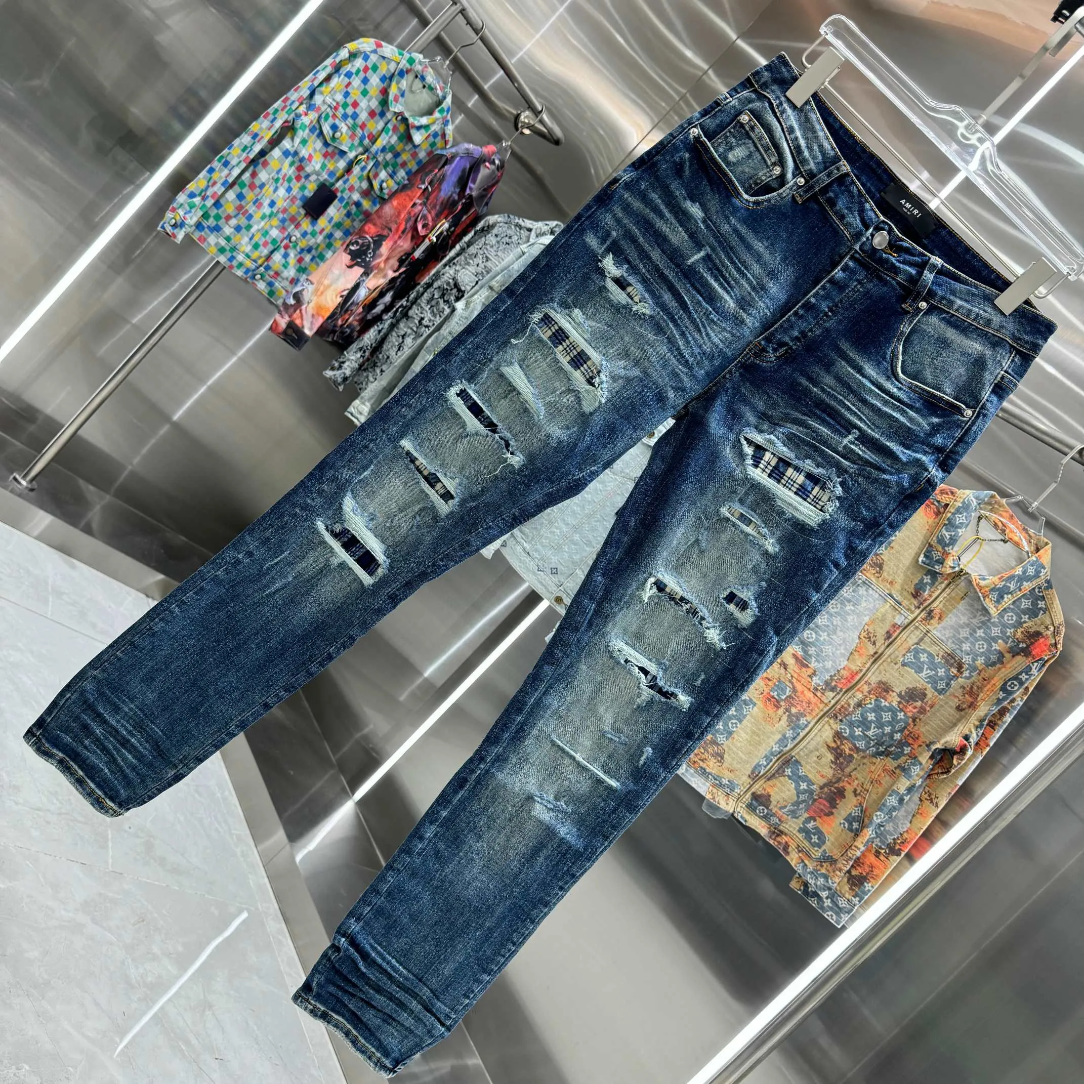P280 Amiri ripped street fashion slim fit stretch jeans color blue size 30 32 34 36 38