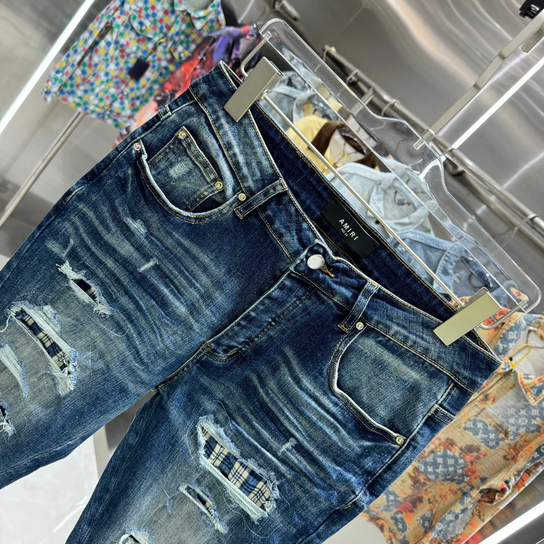 P280 Amiri ripped street fashion slim fit stretch jeans color blue size 30 32 34 36 38