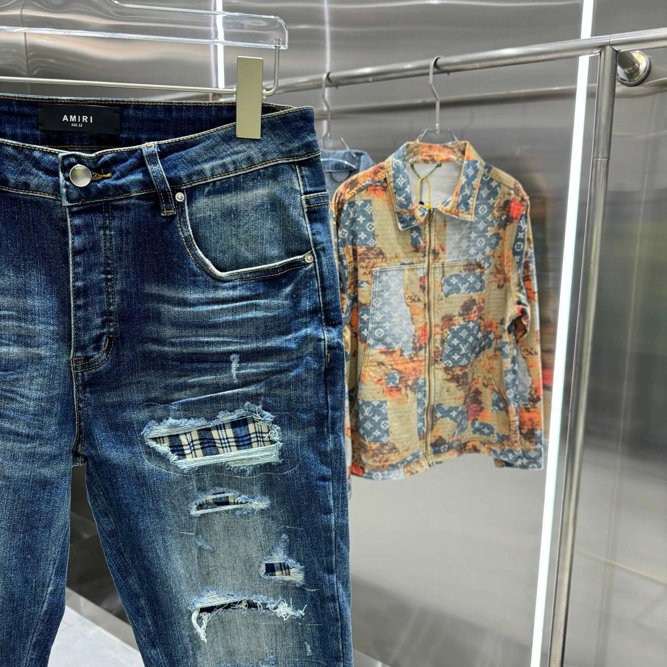 P280 Amiri ripped street fashion slim fit stretch jeans color blue size 30 32 34 36 38