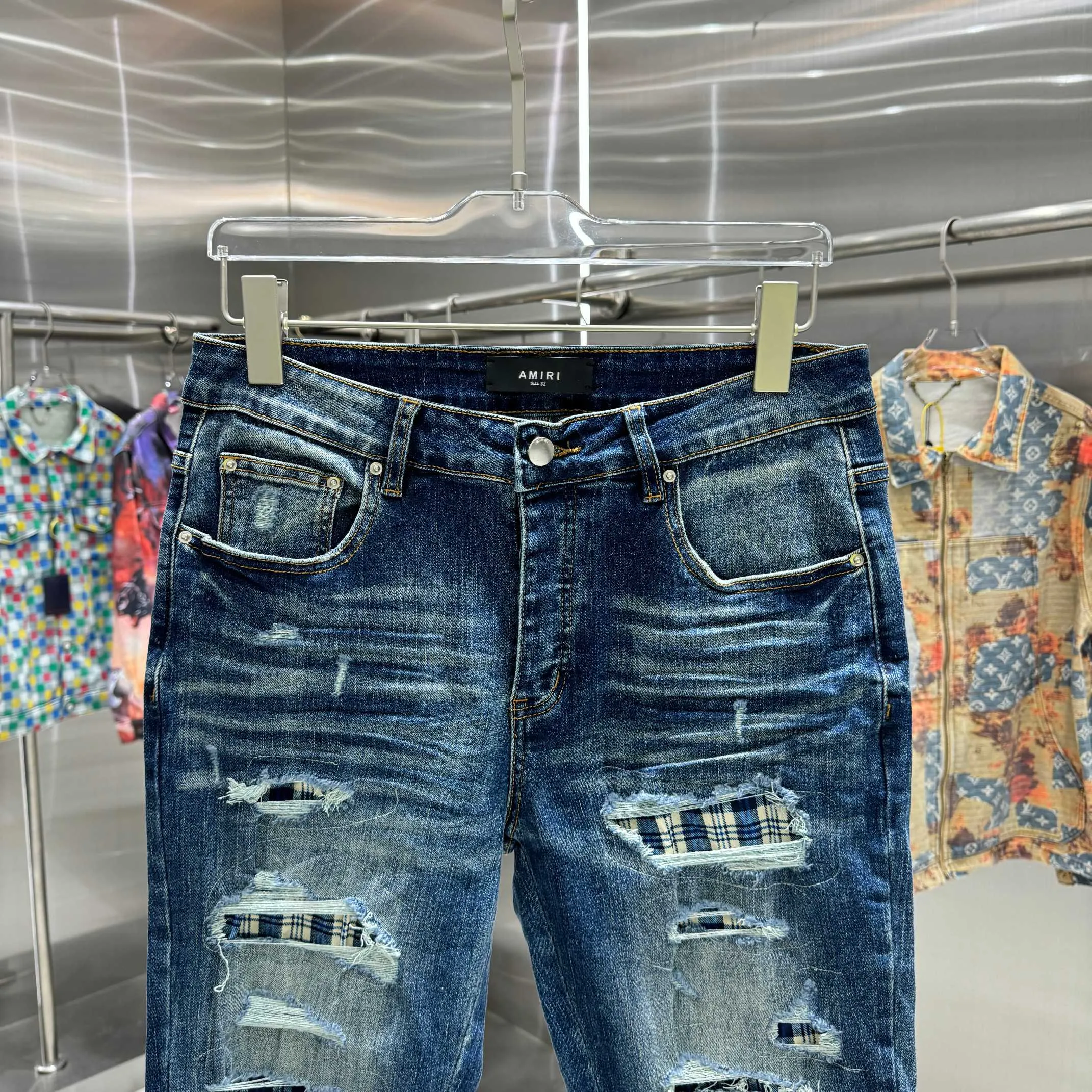 P280 Amiri ripped street fashion slim fit stretch jeans color blue size 30 32 34 36 38