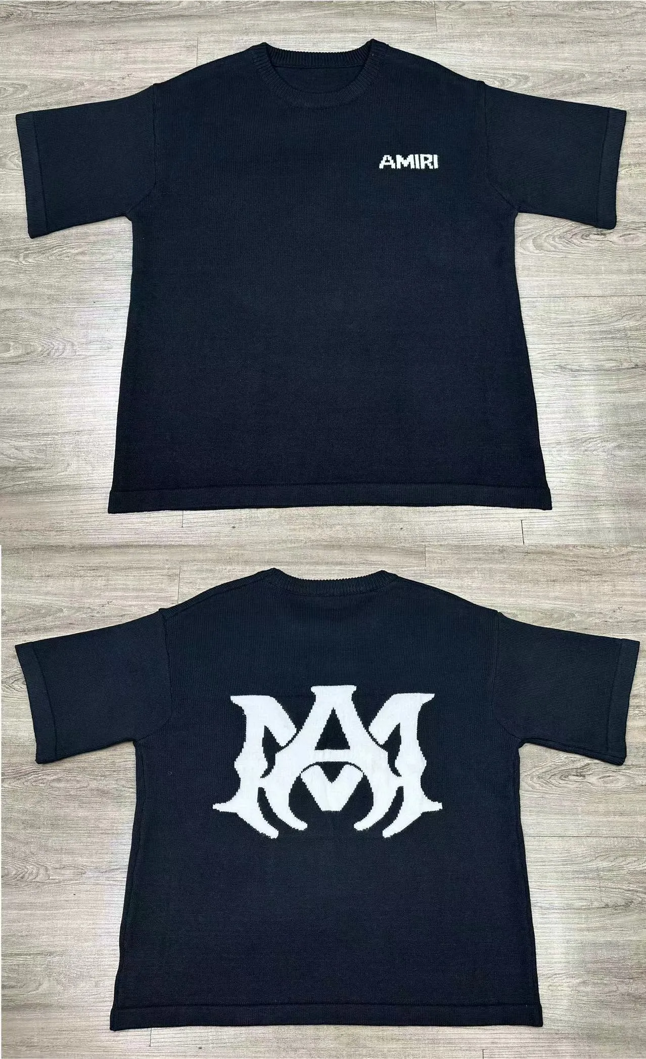 P190 🎉AMIRI new short-sleeved sweater, letter jacquard on the chest, exclusive large logo jacquard on the back, color: gray black number: S M L XL XXL