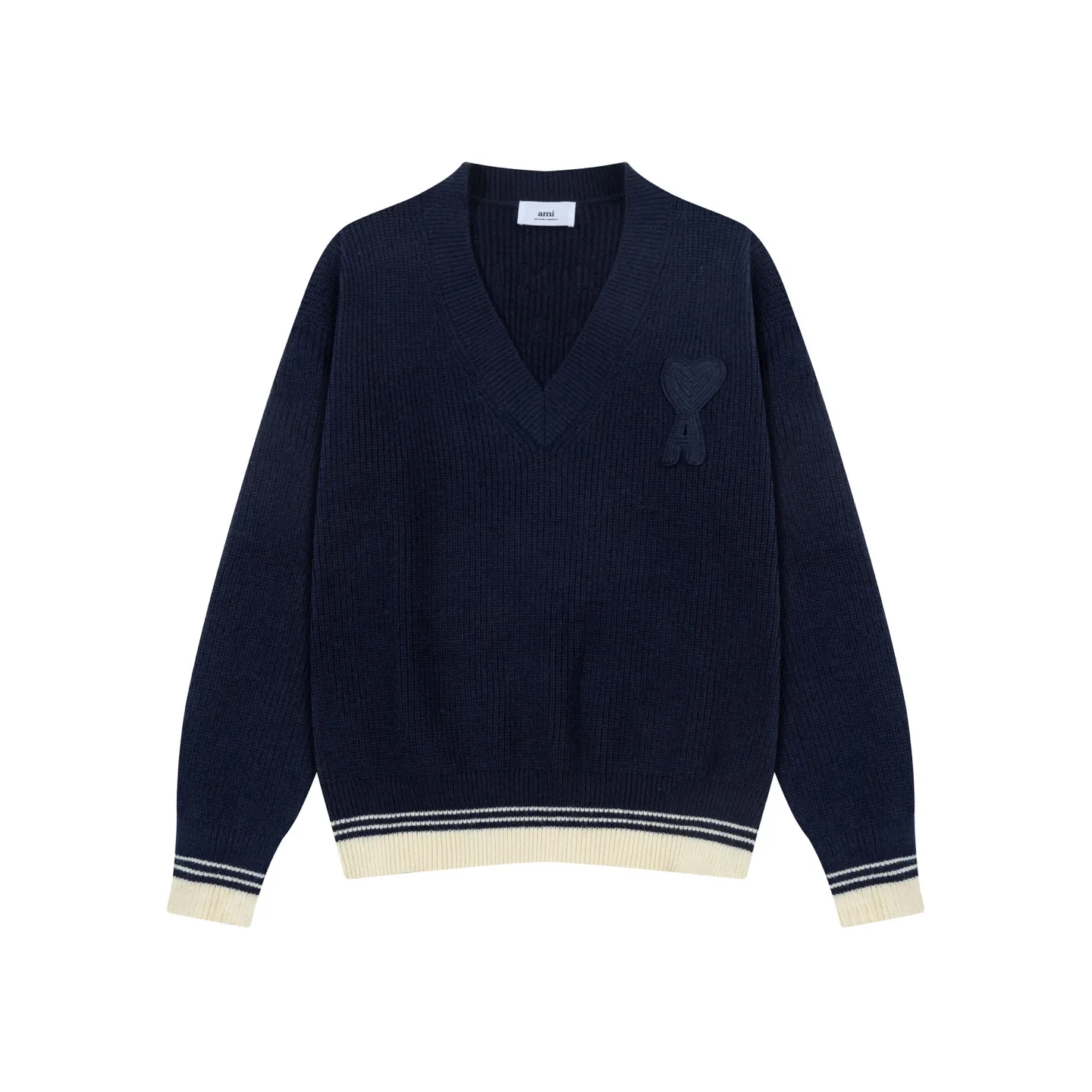 A8185# AMI Paris 2025 new autumn and winter woven ADC striped V-neck pullover long-sleeved love text logo sheep knitted sweater jacket 800G high weight Oversize version same style for men and women Color: Baolan Apricot Size: S-XL