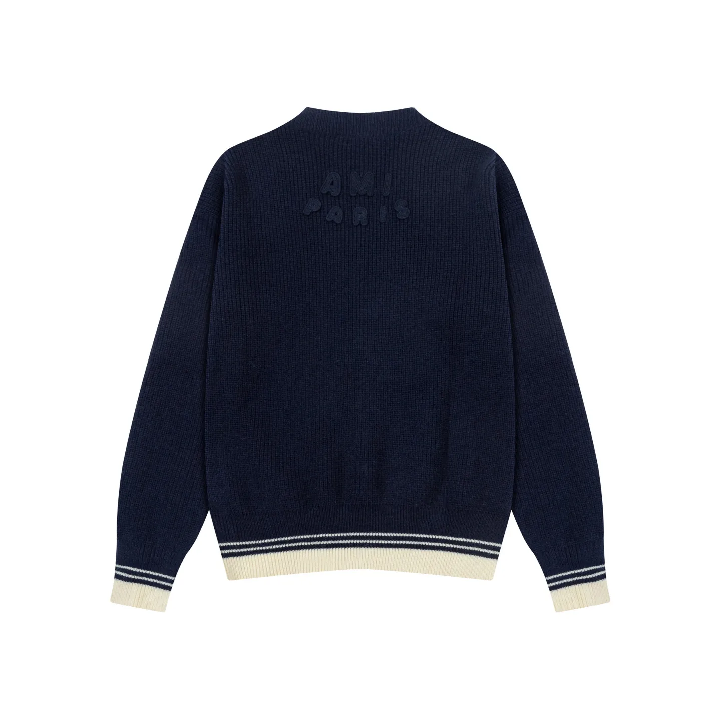 A8185# AMI Paris 2025 new autumn and winter woven ADC striped V-neck pullover long-sleeved love text logo sheep knitted sweater jacket 800G high weight Oversize version same style for men and women Color: Baolan Apricot Size: S-XL