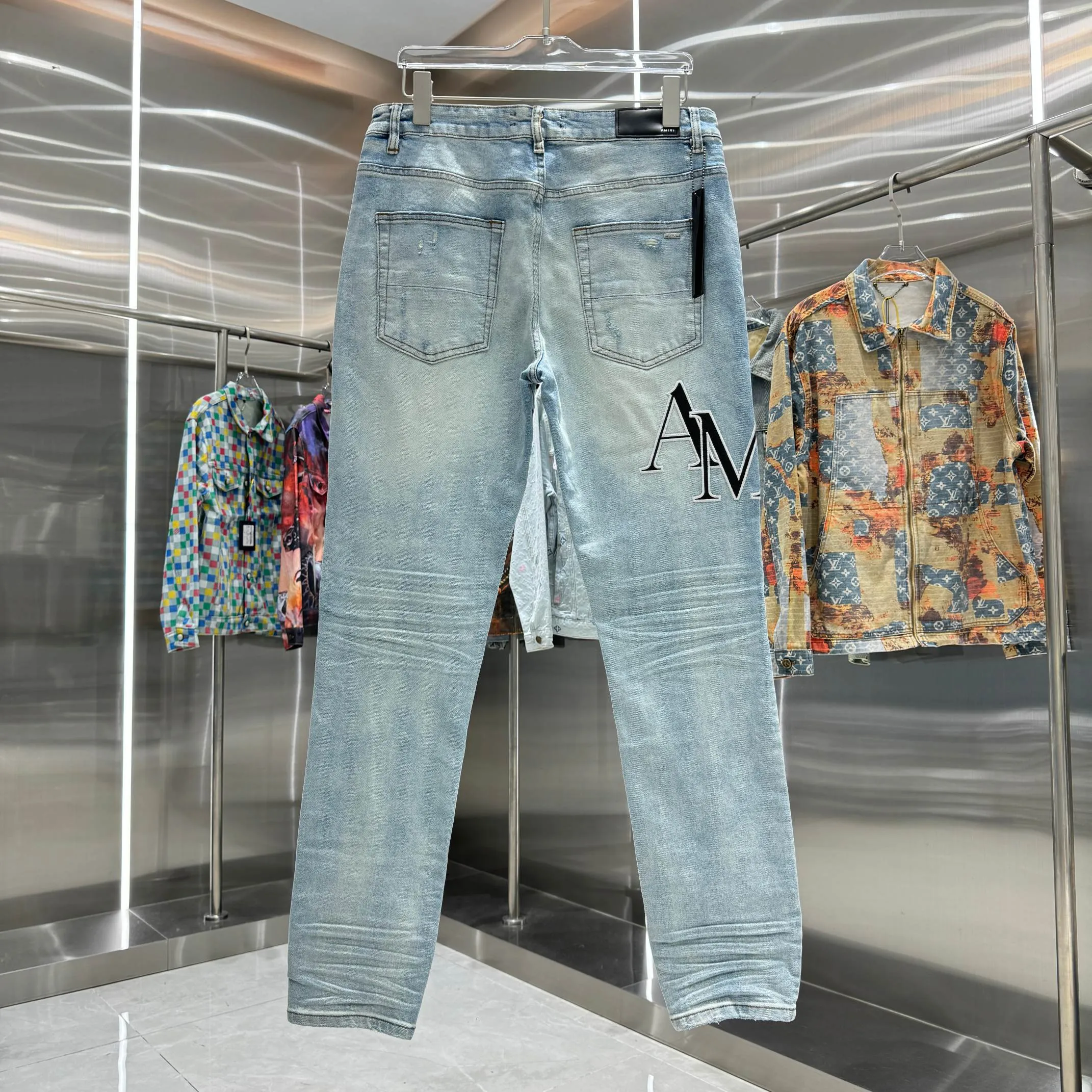 P290 Amiri letter embroidery craft street fashion slim fit stretch jeans color blue size 30 32 34 36 38