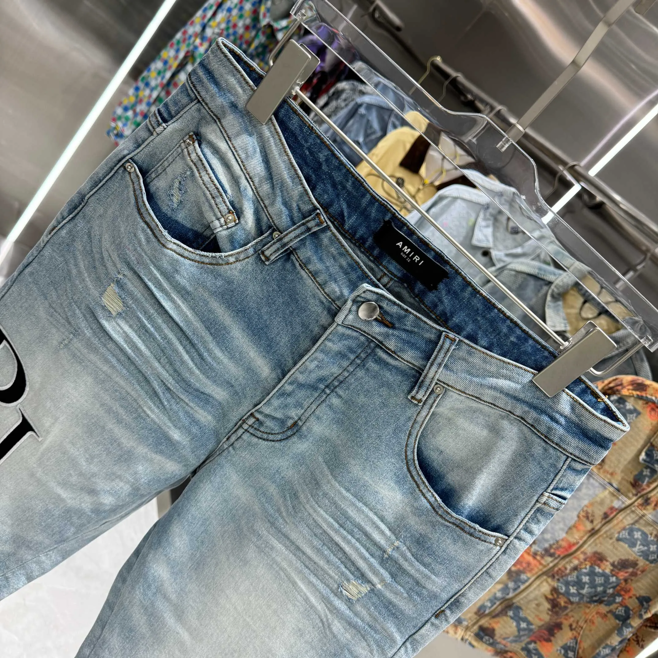 P290 Amiri letter embroidery craft street fashion slim fit stretch jeans color blue size 30 32 34 36 38