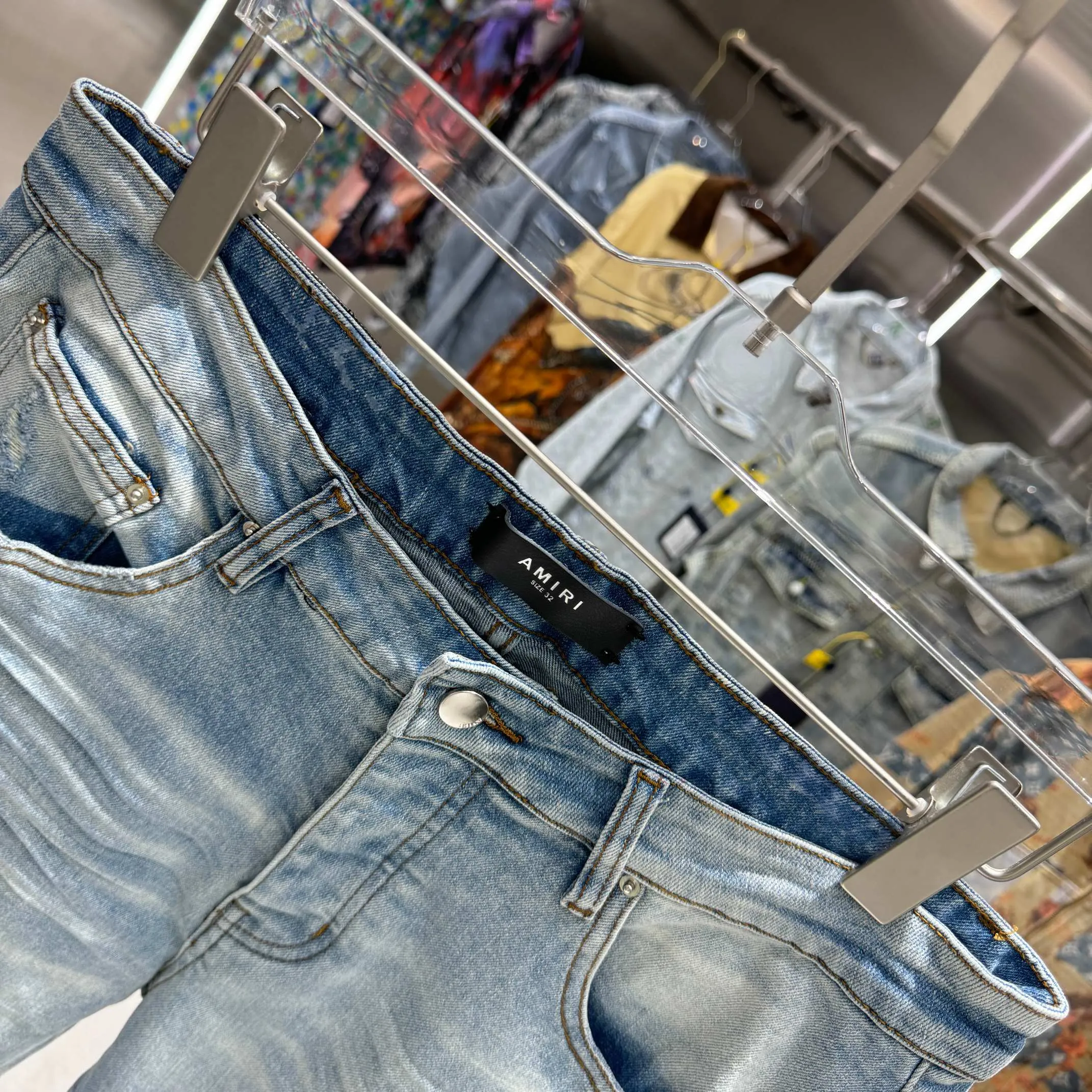 P290 Amiri letter embroidery craft street fashion slim fit stretch jeans color blue size 30 32 34 36 38