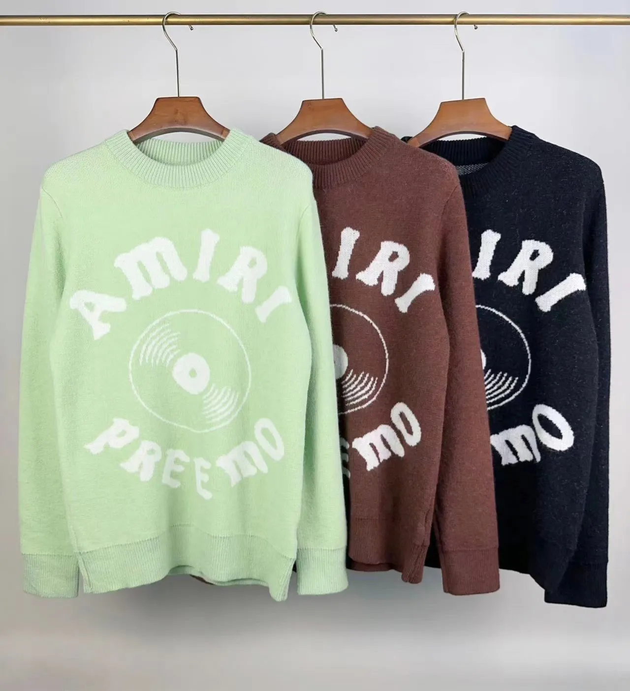 P240 🎉🎉AMIRI autumn and winter new style, partial jacquard letter logo on the front, European and American style sweater, color: fluorescent green, brown, black, size: S M L XL XXL