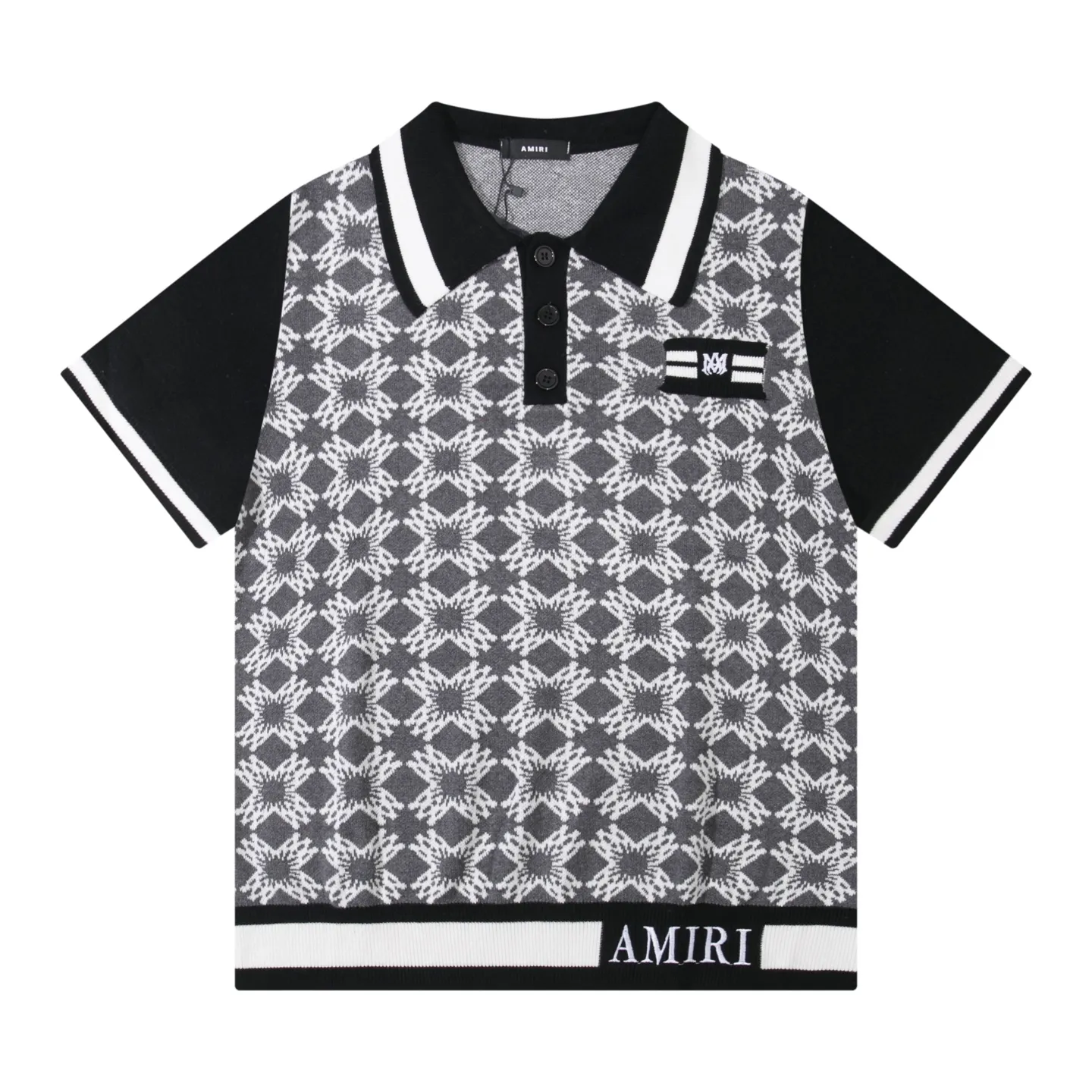 P280 AMIRI spliced ​​jacquard polo embroidered knitted T-shirt short sleeves Color: blue red Size: M L XL XXL