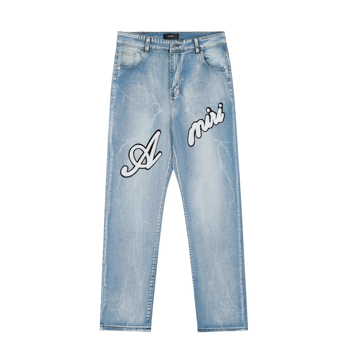 #M09 P168💰 AMIRI patch embroidery jeans trousers AMIRI high street basic ripped tight elastic jeans trousers amiri brand jeans break the production process and cutting of the original jeans, the fabrics are softer and more comfortable Hand-sewn collar label Customized logo buttons Genuine leather tag Color: blue Size: 30-32-34-36