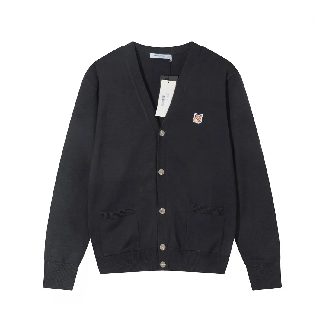 P200 A081# MAISON KITSUNE 2023 New Autumn and Winter Classic Fox Head Embroidered V-neck Cardigan Jacket Sweater Same Style for Men and Women Color: Anthracite Yellow Beige Colorful Blue Dark Green Burgundy Size: S-XL