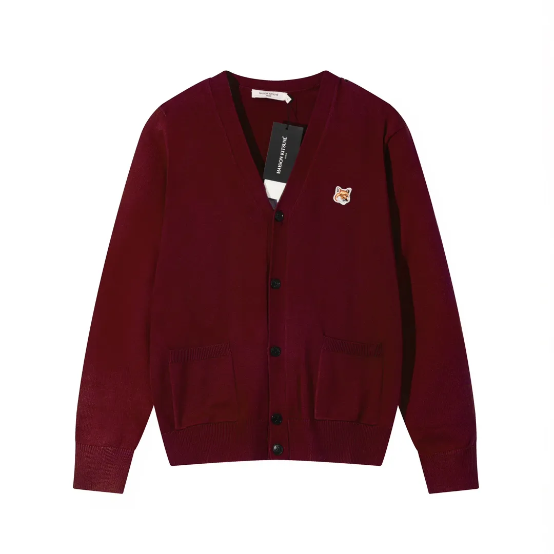 P200 A081# MAISON KITSUNE 2023 New Autumn and Winter Classic Fox Head Embroidered V-neck Cardigan Jacket Sweater Same Style for Men and Women Color: Anthracite Yellow Beige Colorful Blue Dark Green Burgundy Size: S-XL