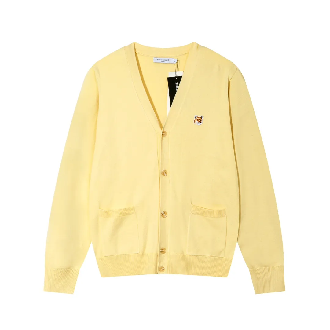 P200 A081# MAISON KITSUNE 2023 New Autumn and Winter Classic Fox Head Embroidered V-neck Cardigan Jacket Sweater Same Style for Men and Women Color: Anthracite Yellow Beige Colorful Blue Dark Green Burgundy Size: S-XL
