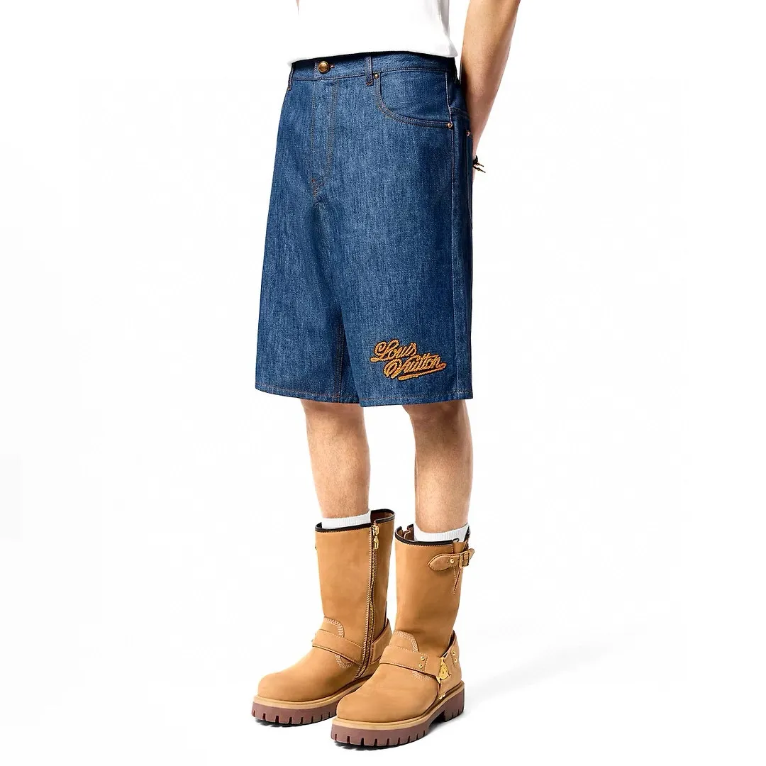 Upper body picture LV 2024 FW new autumn and winter style cotton denim blue casual shorts classic fit Damier nubuck label decoration on the back waist LV Ropes embroidered rope effect with brand patch logo metal lettering studs and buttons