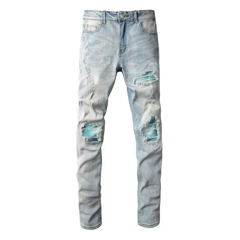 #M68 P168💰 AMIRI patch embroidery jeans trousers AMIRI high street basic ripped tight elastic jeans trousers amiri brand jeans break the production process and cutting of the original jeans, the fabrics are softer and more comfortable Hand-sewn collar label Customized logo buttons Genuine leather tag Color: Picture color Size: 30-32-34-36