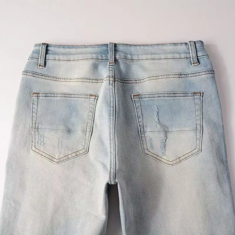 #M68 P168💰 AMIRI patch embroidery jeans trousers AMIRI high street basic ripped tight elastic jeans trousers amiri brand jeans break the production process and cutting of the original jeans, the fabrics are softer and more comfortable Hand-sewn collar label Customized logo buttons Genuine leather tag Color: Picture color Size: 30-32-34-36