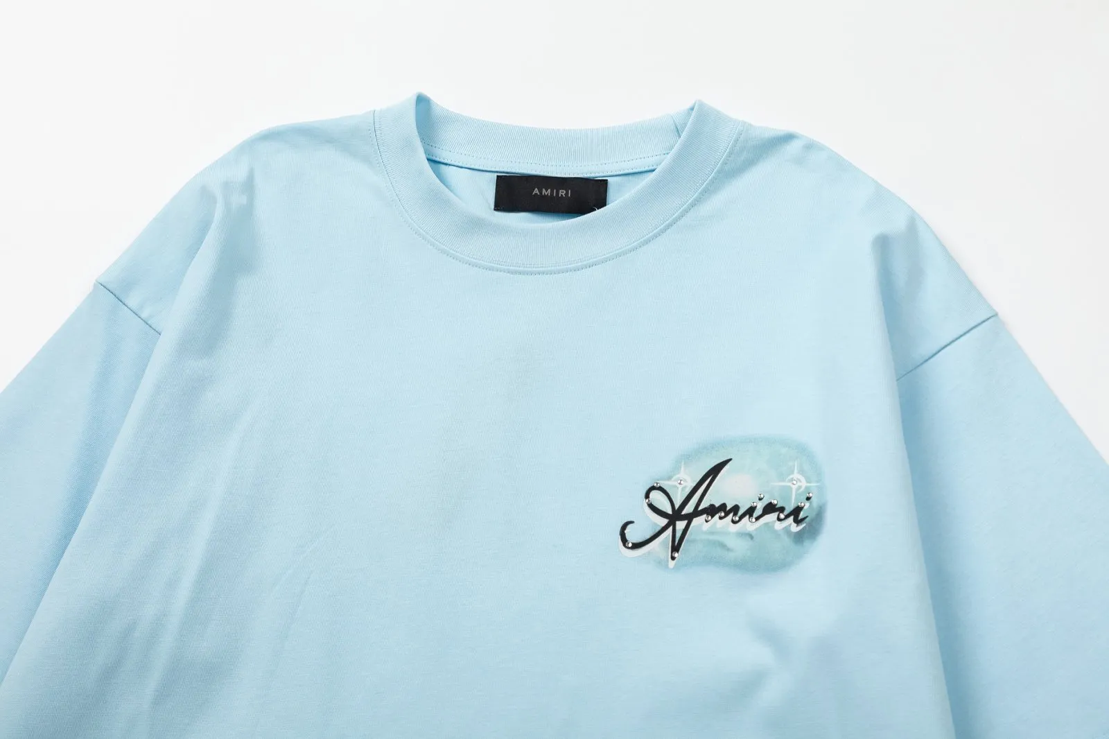 8018#P160amiri digitally printed hot diamond logo, made of 300g fabric, color: black, sky blue. Size: S M L XL