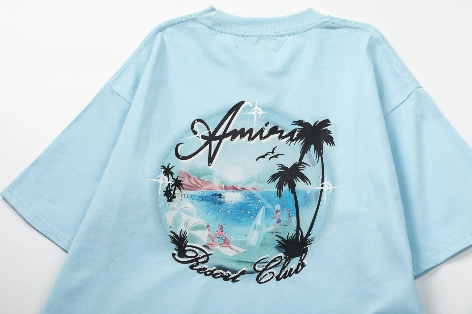 8018#P160amiri digitally printed hot diamond logo, made of 300g fabric, color: black, sky blue. Size: S M L XL