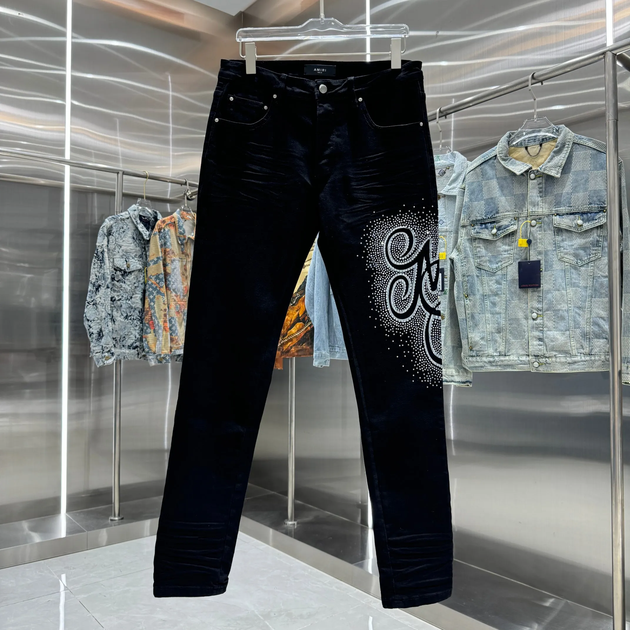 P290 Amiri letter pattern hot diamond street fashion slim fit stretch jeans Color Black Size 30 32 34 36 38