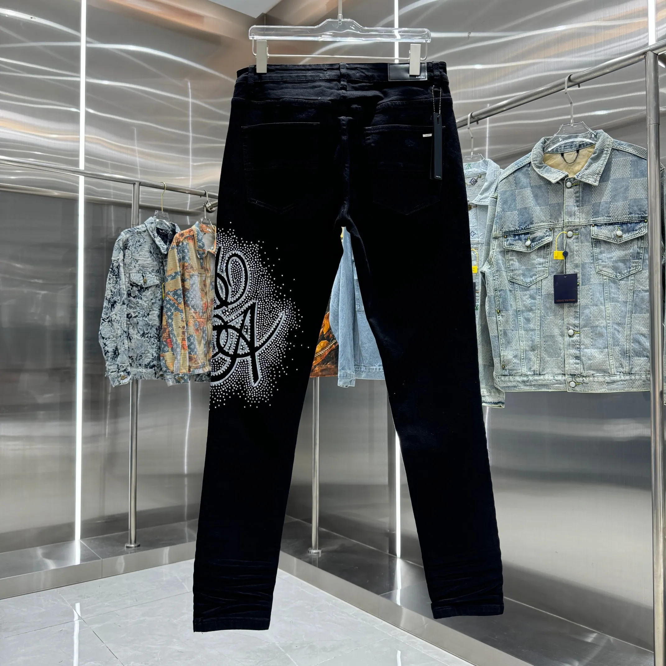 P290 Amiri letter pattern hot diamond street fashion slim fit stretch jeans Color Black Size 30 32 34 36 38