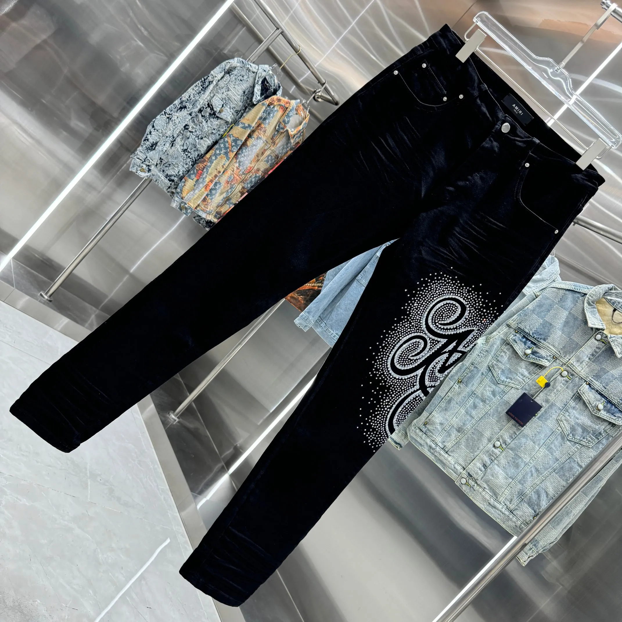 P290 Amiri letter pattern hot diamond street fashion slim fit stretch jeans Color Black Size 30 32 34 36 38