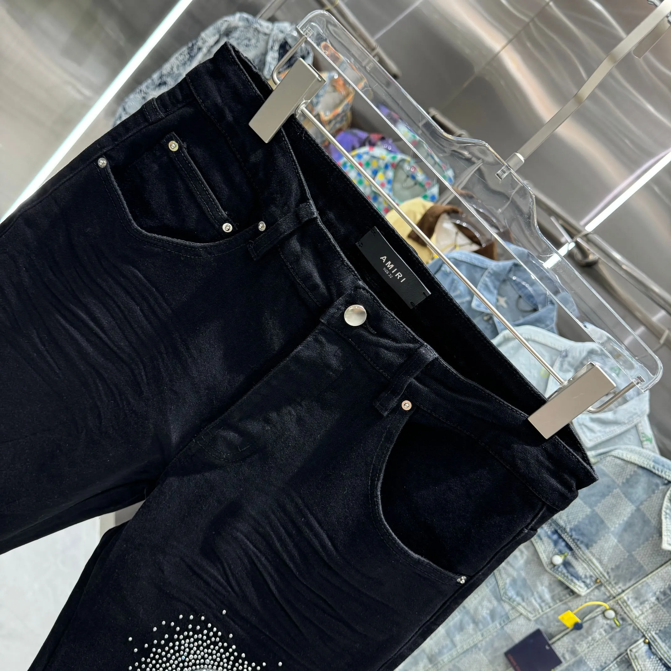 P290 Amiri letter pattern hot diamond street fashion slim fit stretch jeans Color Black Size 30 32 34 36 38