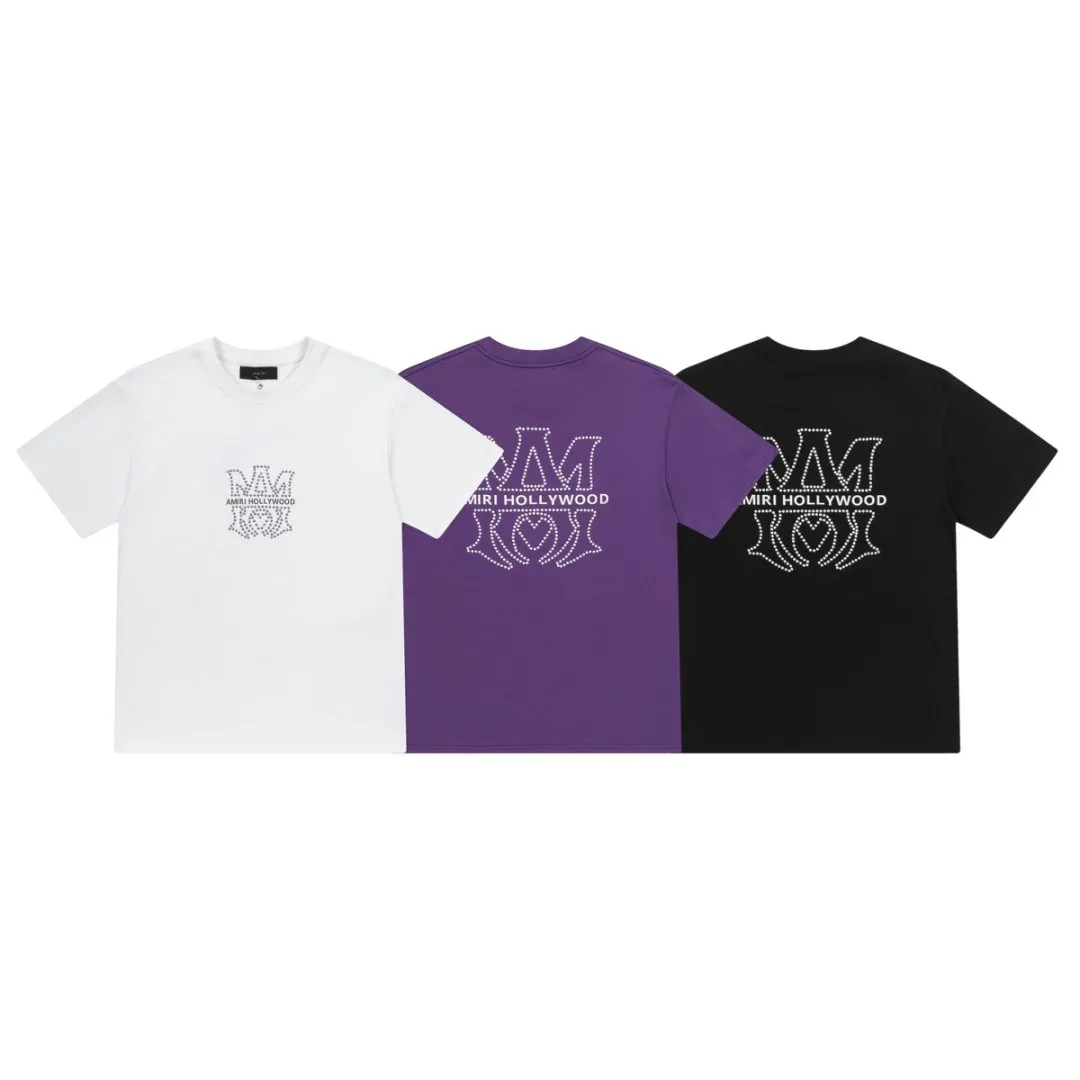 8025#P160amiri ceramic hot diamond logo, made of 300g heavy fabric, color: black, white, grape purple. Size: S M L XL