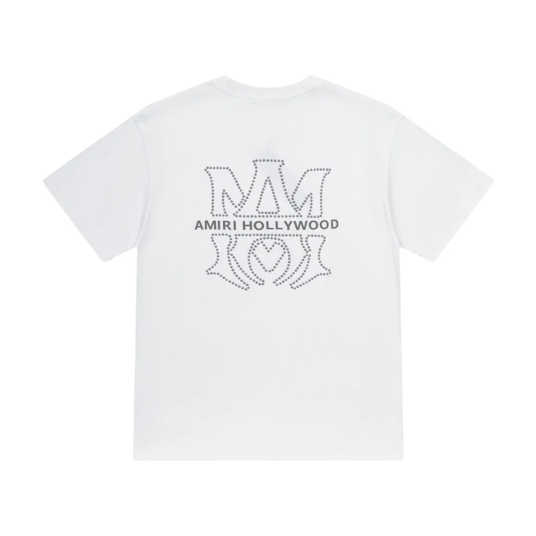 8025#P160amiri ceramic hot diamond logo, made of 300g heavy fabric, color: black, white, grape purple. Size: S M L XL