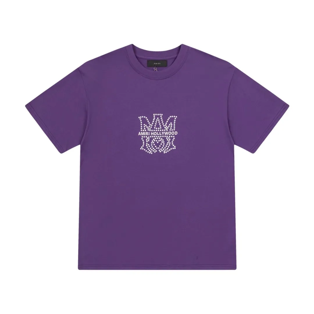 8025#P160amiri ceramic hot diamond logo, made of 300g heavy fabric, color: black, white, grape purple. Size: S M L XL