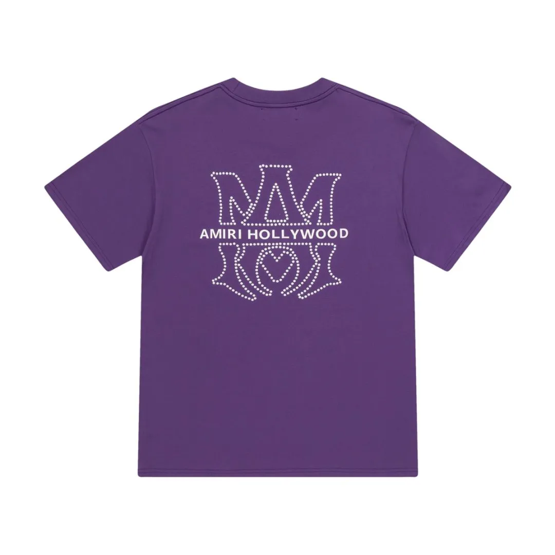 8025#P160amiri ceramic hot diamond logo, made of 300g heavy fabric, color: black, white, grape purple. Size: S M L XL