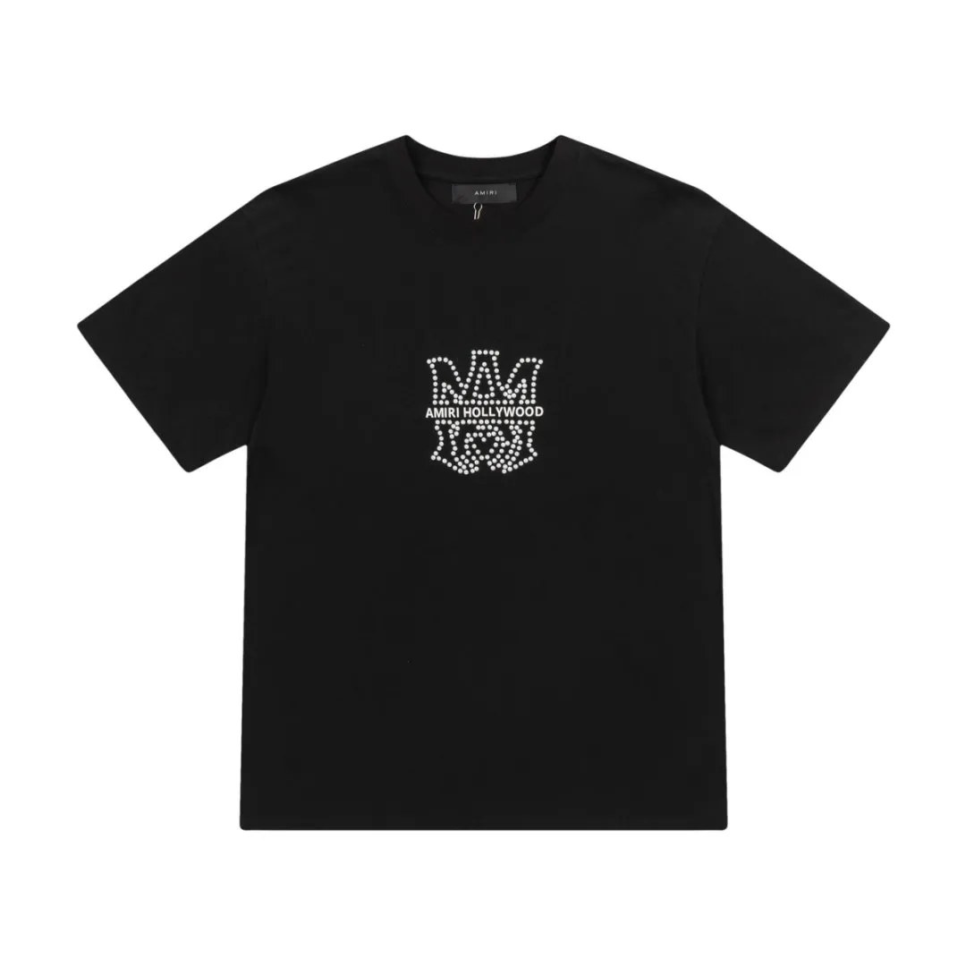 8025#P160amiri ceramic hot diamond logo, made of 300g heavy fabric, color: black, white, grape purple. Size: S M L XL