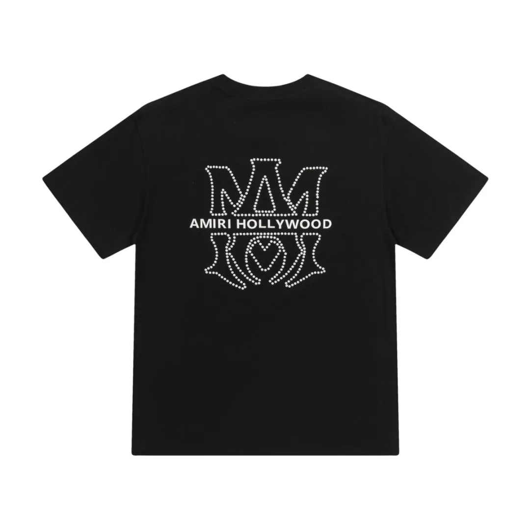 8025#P160amiri ceramic hot diamond logo, made of 300g heavy fabric, color: black, white, grape purple. Size: S M L XL
