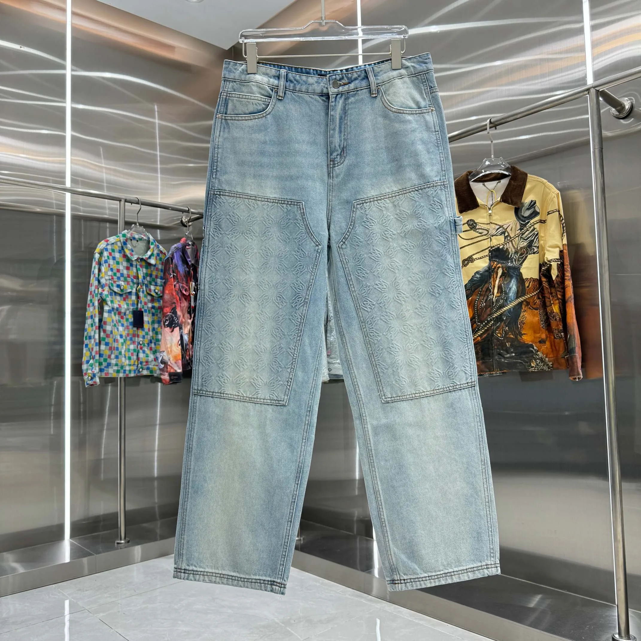 P250 Amiri Dark Pattern Jacquard Workwear Street Trend Loose Straight Jeans Color Light Blue Size 30 32 34 36