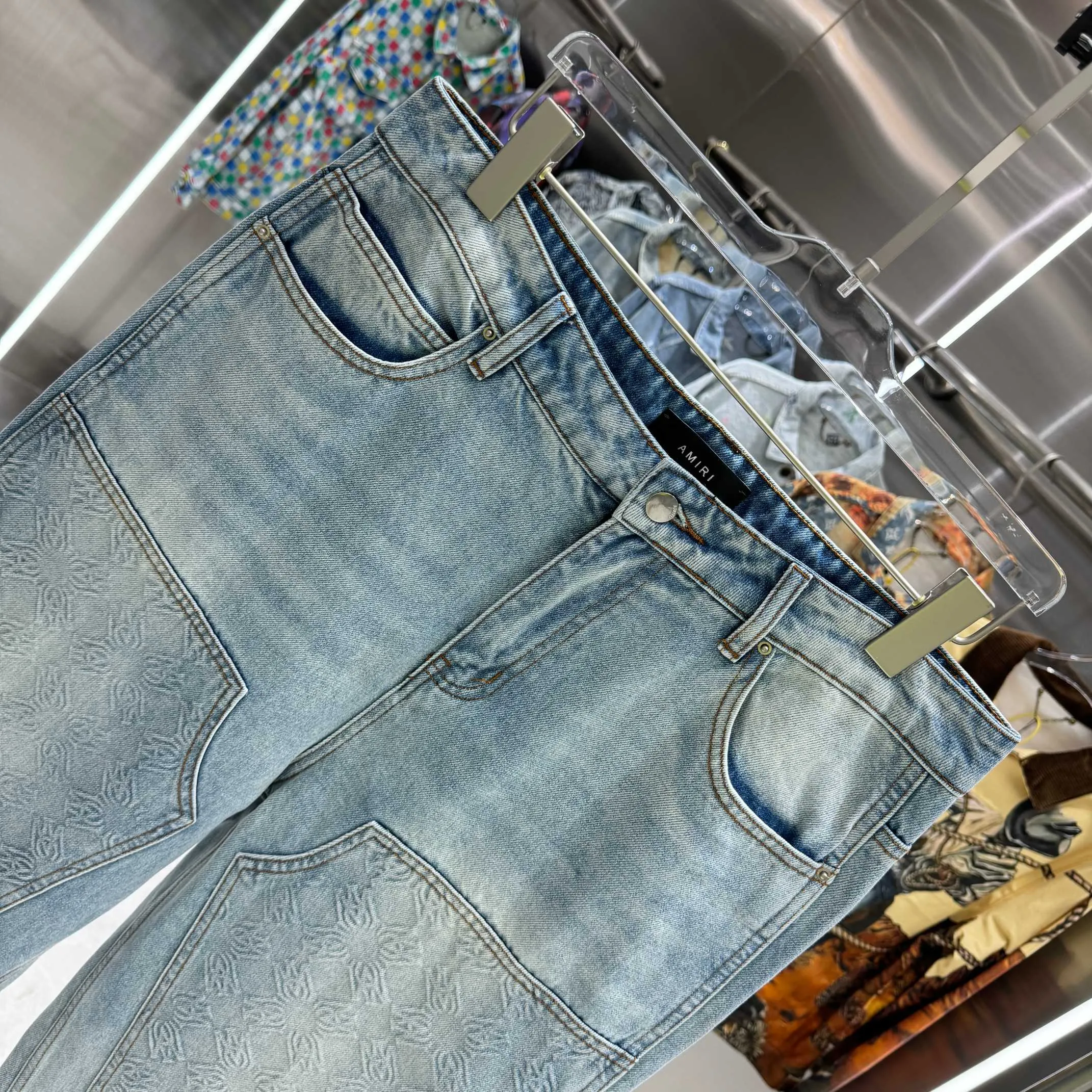 P250 Amiri Dark Pattern Jacquard Workwear Street Trend Loose Straight Jeans Color Light Blue Size 30 32 34 36