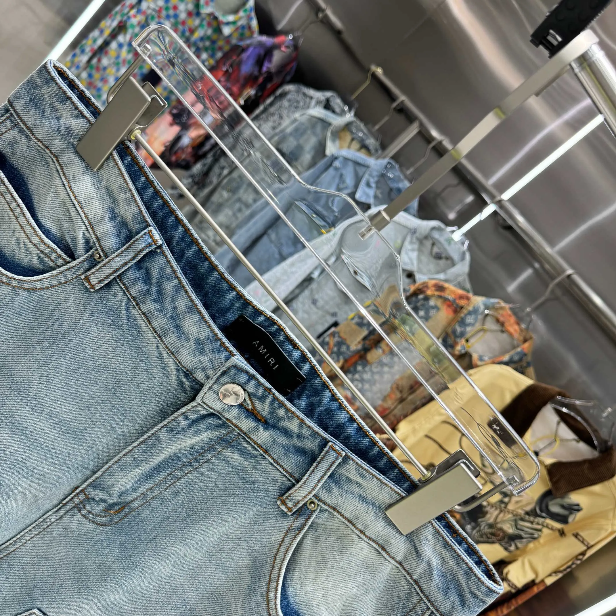 P250 Amiri Dark Pattern Jacquard Workwear Street Trend Loose Straight Jeans Color Light Blue Size 30 32 34 36