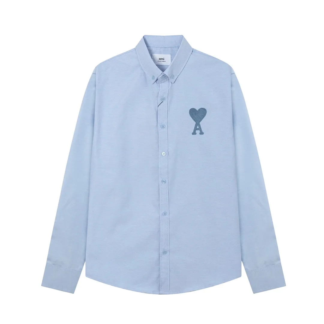 2205# AMI Paris Classic Autumn Towel embroidered with hearts in the same color on the chest Casual cotton solid color long-sleeved Oxford shirt Original customized 180g pure cotton fabric Regular version Same style for men and women Color: White Blue Yellow Aqua Pink Size: S-XL