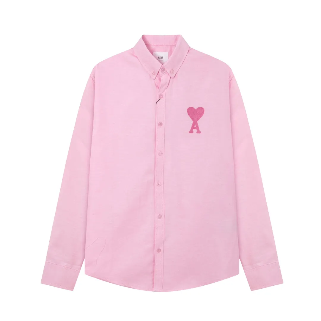 2205# AMI Paris Classic Autumn Towel embroidered with hearts in the same color on the chest Casual cotton solid color long-sleeved Oxford shirt Original customized 180g pure cotton fabric Regular version Same style for men and women Color: White Blue Yellow Aqua Pink Size: S-XL