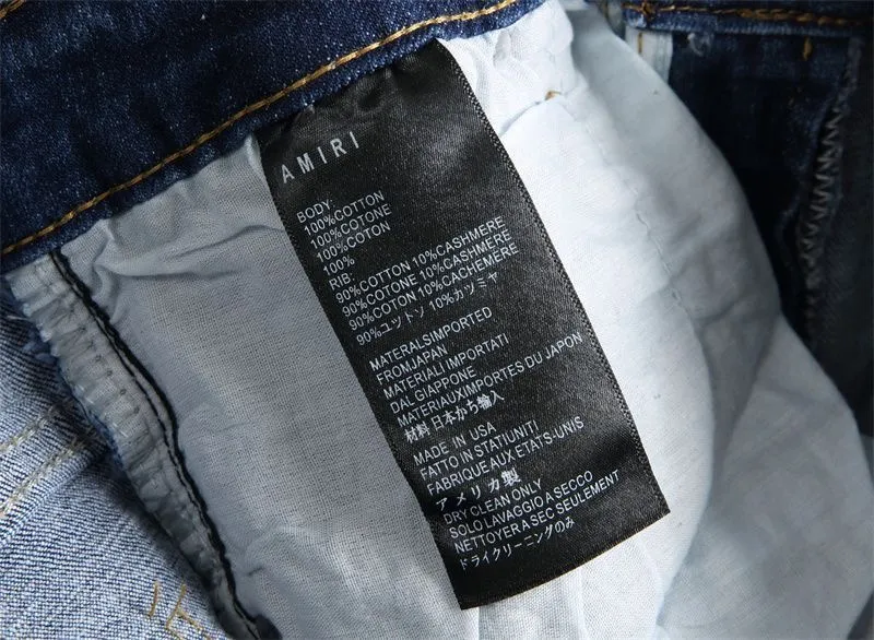 #M09 P168💰 AMIRI patch embroidery jeans trousers AMIRI high street basic ripped tight elastic jeans trousers amiri brand jeans break the production process and cutting of the original jeans, the fabrics are softer and more comfortable Hand-sewn collar label Customized logo buttons Genuine leather tag Color: blue Size: 30-32-34-36