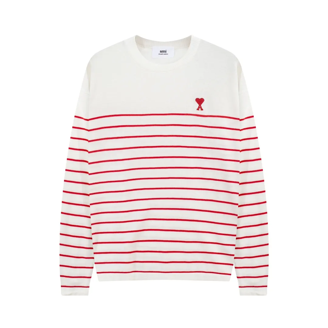 A35#Ami Paris 2022 spring and summer new Ami de Coeur red love striped knitted long-sleeved T-shirt for men and women Color: White Black White Green Size: S-XL