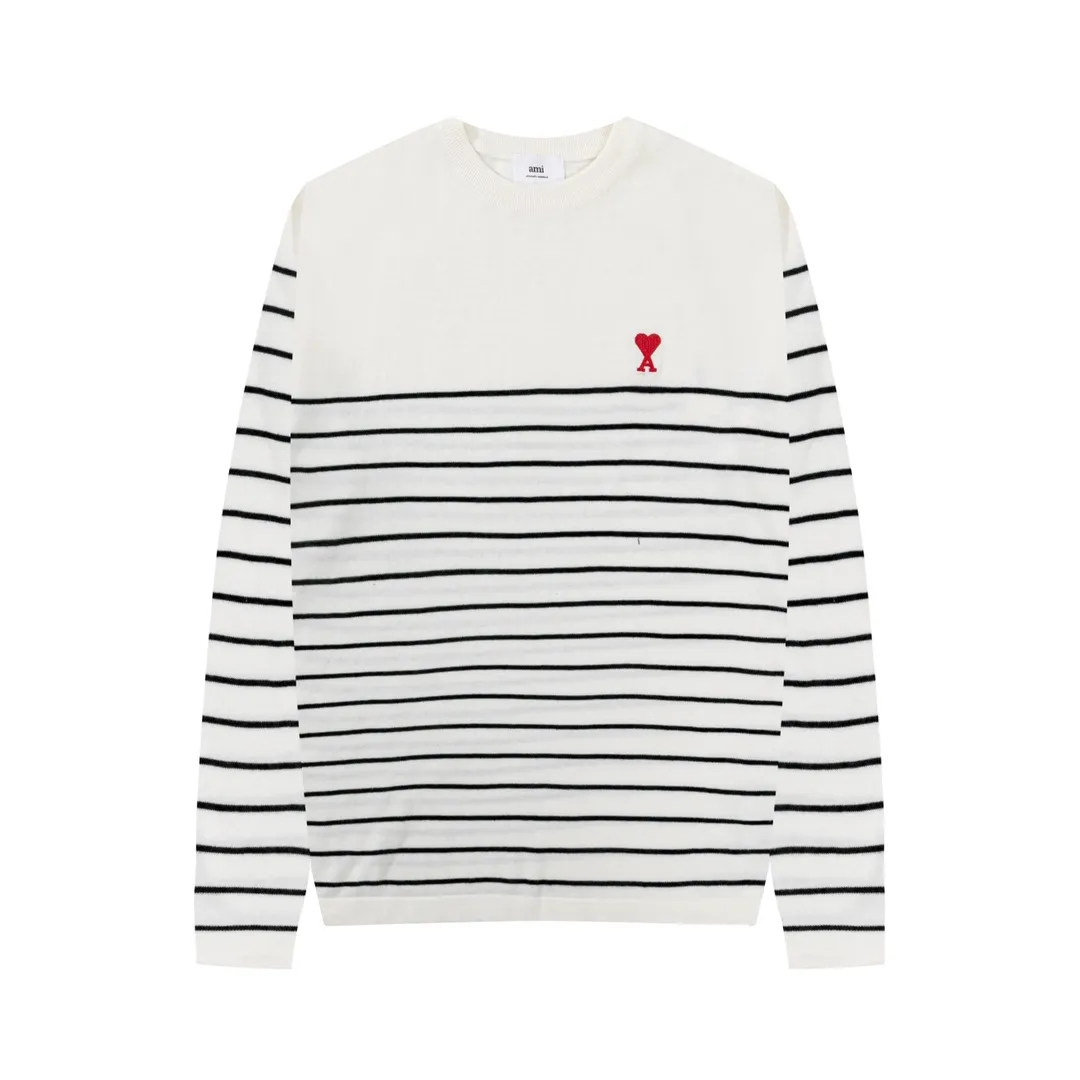 A35#Ami Paris 2022 spring and summer new Ami de Coeur red love striped knitted long-sleeved T-shirt for men and women Color: White Black White Green Size: S-XL