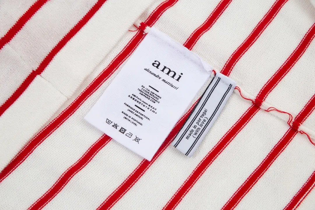 A35#Ami Paris 2022 spring and summer new Ami de Coeur red love striped knitted long-sleeved T-shirt for men and women Color: White Black White Green Size: S-XL