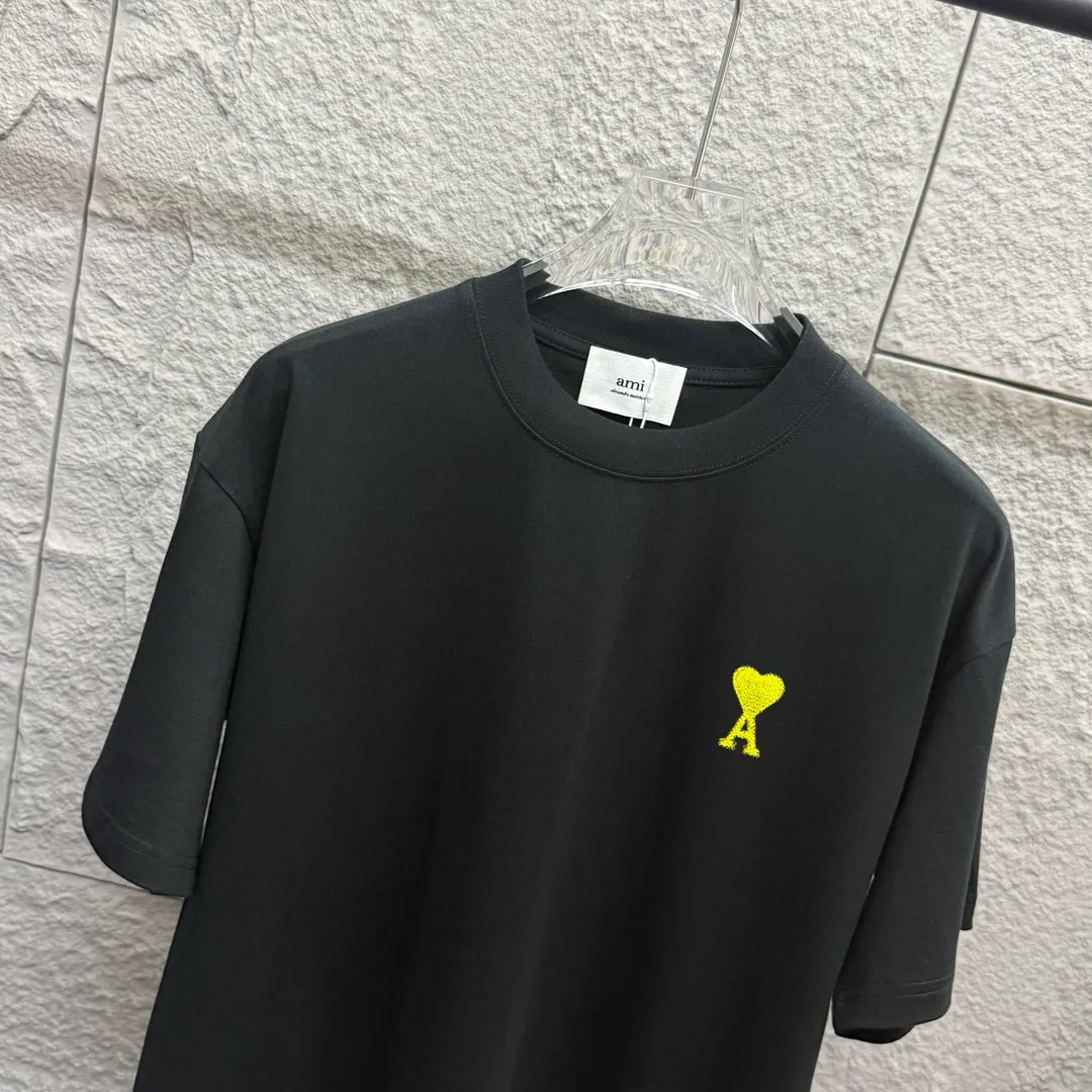 🅿️180 Ami* 2025 Spring and Summer New Style Embroidered yellow little love Customized double yarn plain cotton fabric Short-sleeved T-shirt Uniform for men and women Color: Black White Floral Gray Angora Red Size: S (90-130 catties) M (120-150 catties) L (140-165 catties) XL (160-180 catties) XXL (180-210 pounds)
