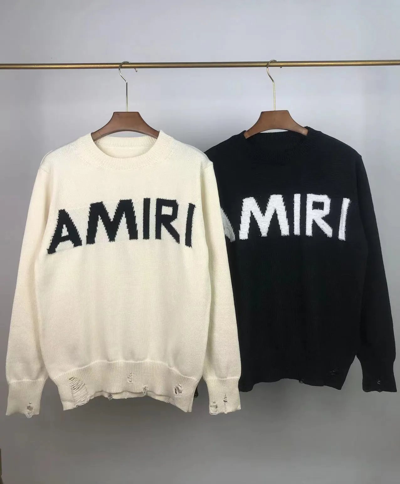 P230 🎉 AMIRI new style letter Logo jacquard, tassels destroyed holes European and American style sweater, color: pearl white, black size: S M L XL XXL