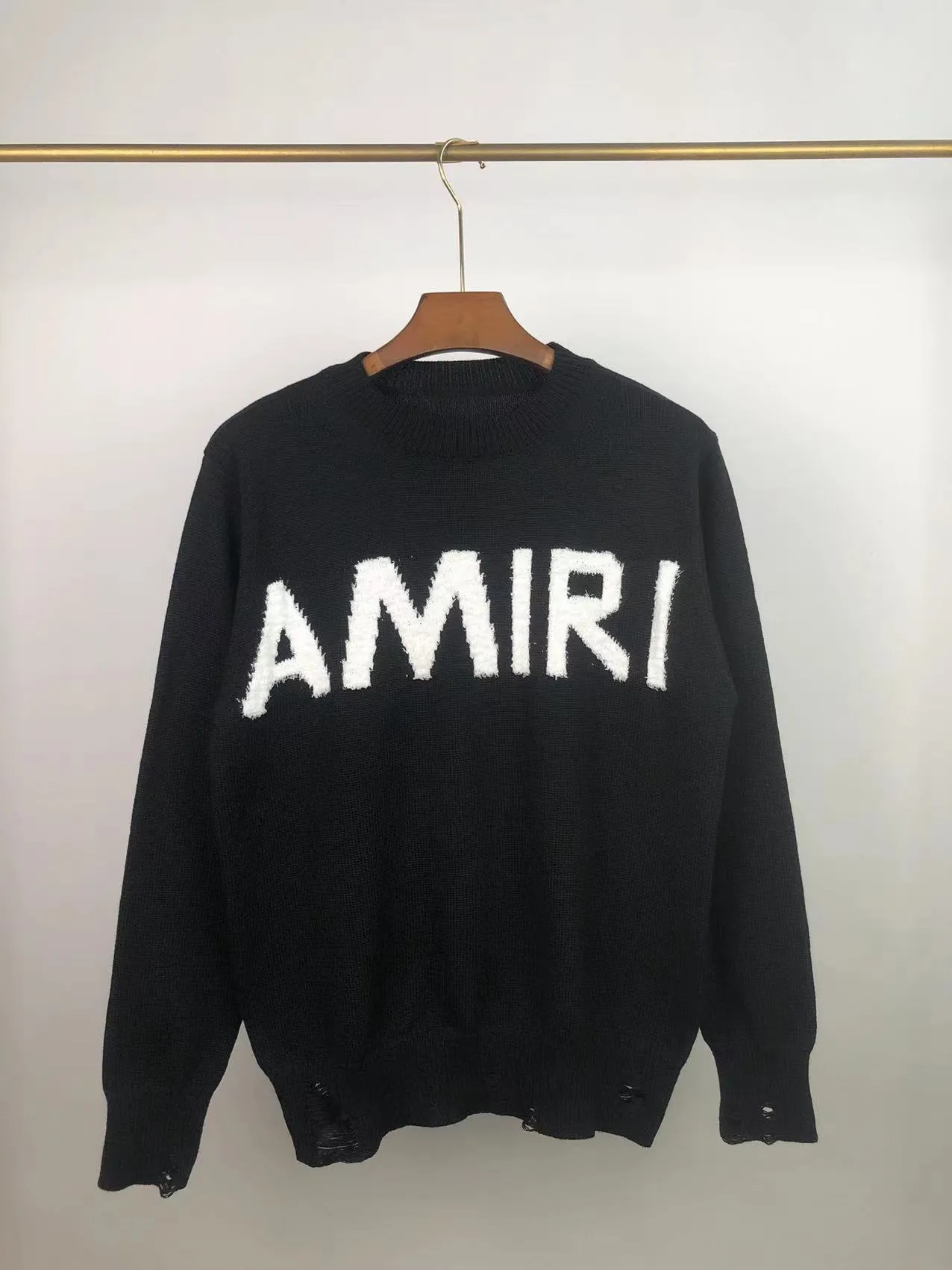 P230 🎉 AMIRI new style letter Logo jacquard, tassels destroyed holes European and American style sweater, color: pearl white, black size: S M L XL XXL