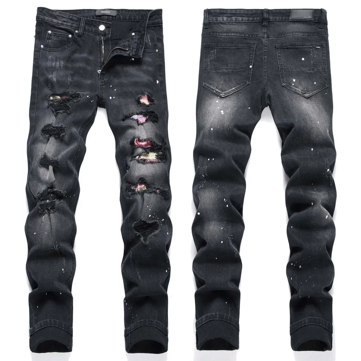 #M64 P168💰 AMIRI patch embroidery jeans trousers AMIRI high street basic ripped tight elastic jeans trousers amiri brand jeans break the production process and cutting of the original jeans, the fabrics are softer and more comfortable Hand-sewn collar label Customized logo buttons Genuine leather tag Color: Picture color Size: 30-32-34-36