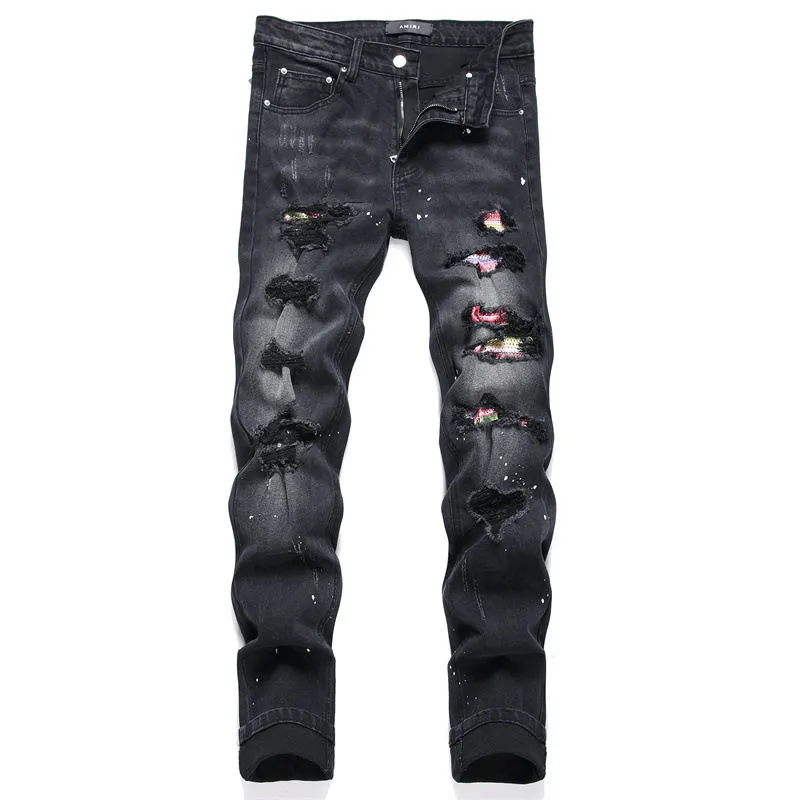 #M64 P168💰 AMIRI patch embroidery jeans trousers AMIRI high street basic ripped tight elastic jeans trousers amiri brand jeans break the production process and cutting of the original jeans, the fabrics are softer and more comfortable Hand-sewn collar label Customized logo buttons Genuine leather tag Color: Picture color Size: 30-32-34-36