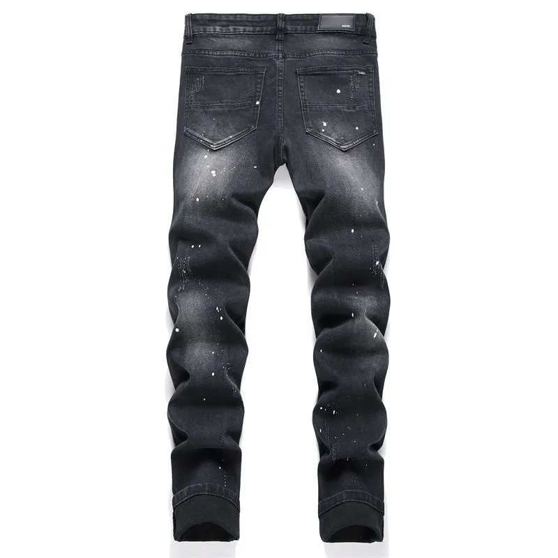 #M64 P168💰 AMIRI patch embroidery jeans trousers AMIRI high street basic ripped tight elastic jeans trousers amiri brand jeans break the production process and cutting of the original jeans, the fabrics are softer and more comfortable Hand-sewn collar label Customized logo buttons Genuine leather tag Color: Picture color Size: 30-32-34-36