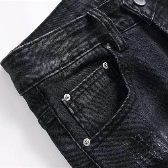 #M64 P168💰 AMIRI patch embroidery jeans trousers AMIRI high street basic ripped tight elastic jeans trousers amiri brand jeans break the production process and cutting of the original jeans, the fabrics are softer and more comfortable Hand-sewn collar label Customized logo buttons Genuine leather tag Color: Picture color Size: 30-32-34-36