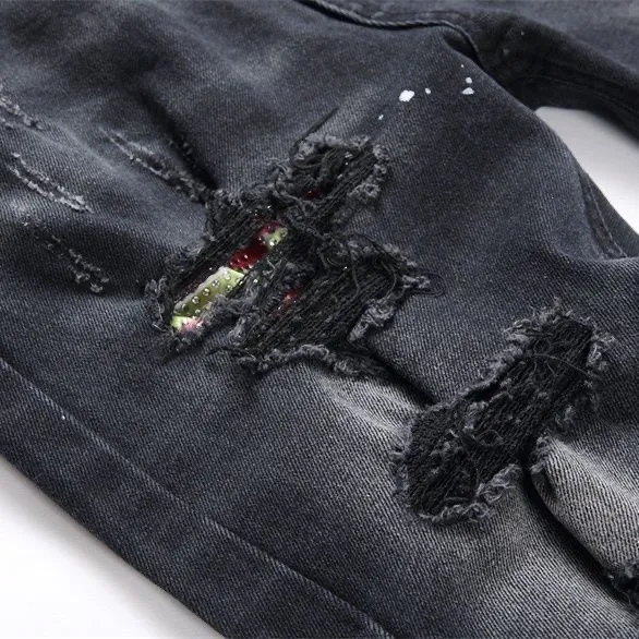 #M64 P168💰 AMIRI patch embroidery jeans trousers AMIRI high street basic ripped tight elastic jeans trousers amiri brand jeans break the production process and cutting of the original jeans, the fabrics are softer and more comfortable Hand-sewn collar label Customized logo buttons Genuine leather tag Color: Picture color Size: 30-32-34-36